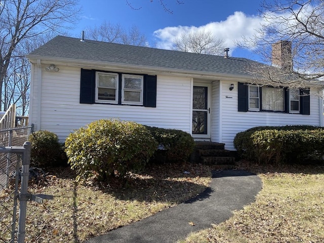 view of front of house featuring a shingled roof and a chimney