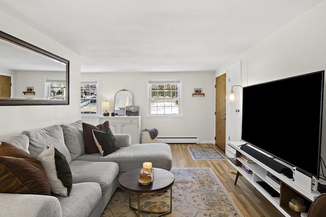 living room featuring light hardwood / wood-style flooring and baseboard heating