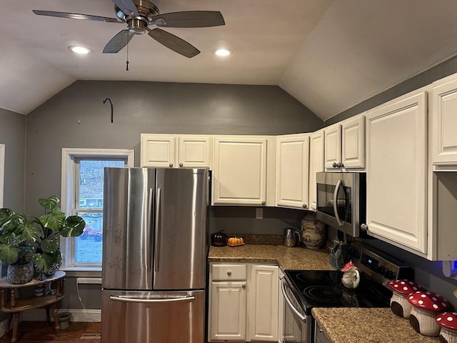kitchen featuring stainless steel appliances, recessed lighting, a ceiling fan, lofted ceiling, and white cabinetry