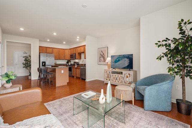 living room featuring dark hardwood / wood-style flooring and sink