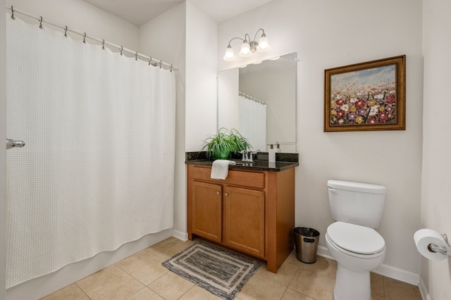 full bathroom featuring shower / tub combo, tile patterned floors, vanity, and toilet