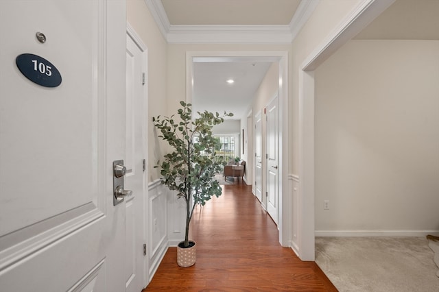 corridor with crown molding and carpet flooring