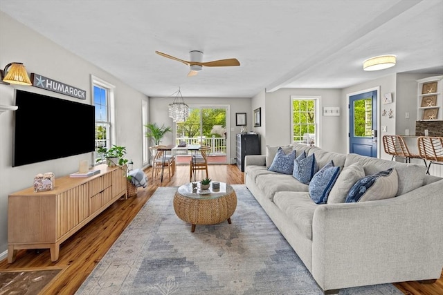 1137 Ferry St, Marshfield, MA 02050 - living room featuring wood finished floors, a ceiling fan, and baseboards