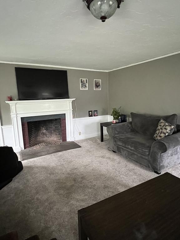 34 Old Bernardston Rd, Northfield, MA 01360 - living area featuring a fireplace with flush hearth, ornamental molding, and carpet floors
