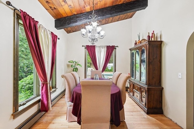 2 Orchard St, Berkley, MA 02779 - dining space with a chandelier, arched walkways, wood ceiling, healthy amount of natural light, and baseboard heating