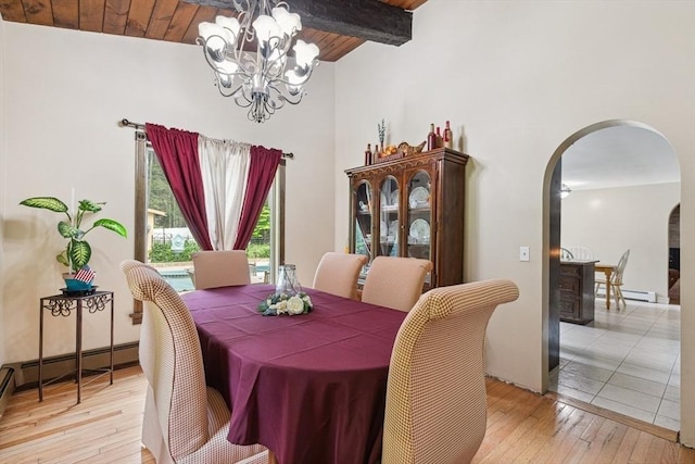 2 Orchard St, Berkley, MA 02779 - dining room featuring arched walkways, a chandelier, wood ceiling with exposed beams, light wood finished floors, and high vaulted ceiling