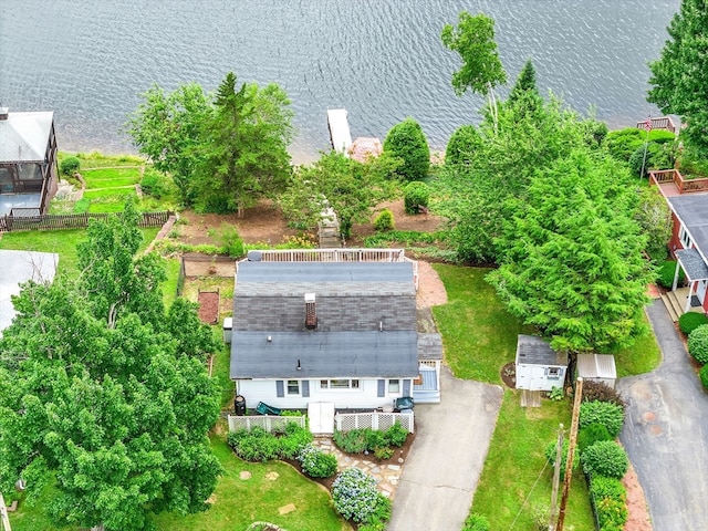 drone / aerial view with a water view