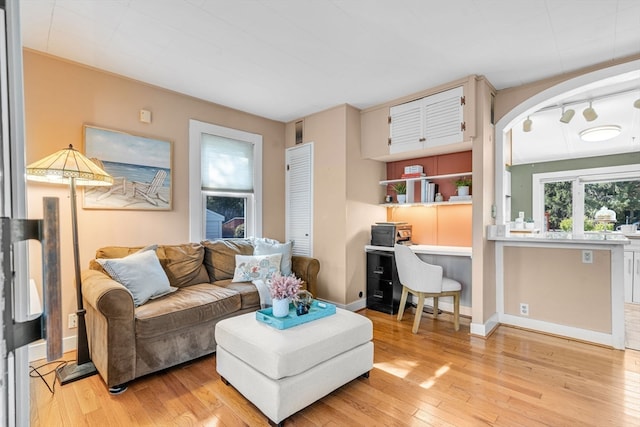 living room featuring track lighting and light hardwood / wood-style floors