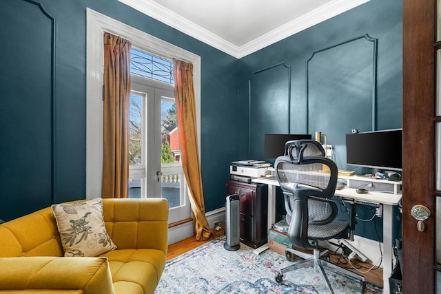 office with wood finished floors, baseboards, and ornamental molding