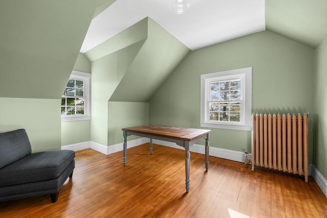 additional living space with wood-type flooring, baseboards, vaulted ceiling, and radiator
