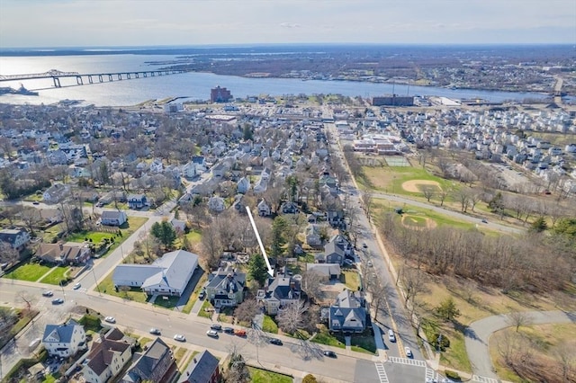 aerial view with a water view and a residential view
