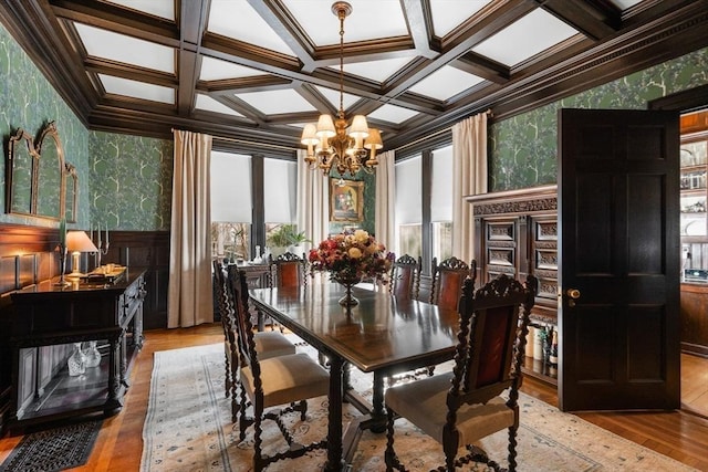 dining room featuring wood-type flooring, an inviting chandelier, coffered ceiling, and wallpapered walls