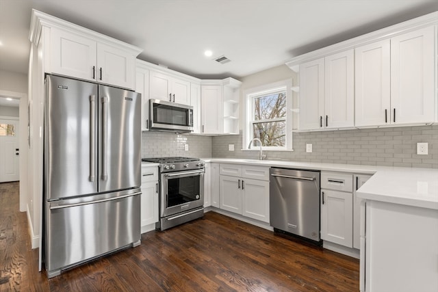 kitchen featuring visible vents, dark wood finished floors, open shelves, white cabinets, and high quality appliances