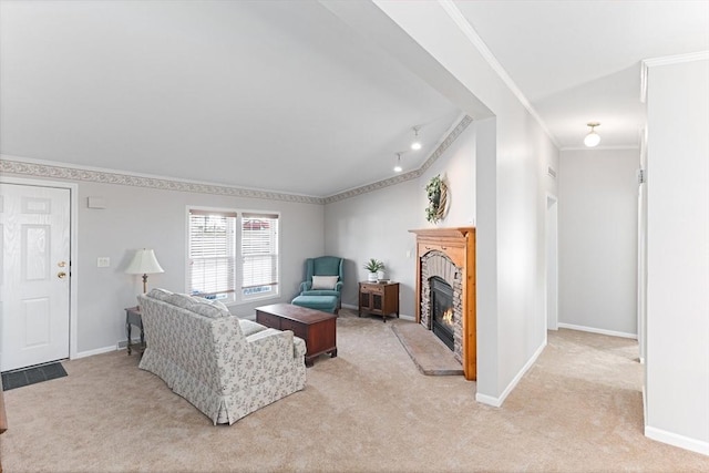 carpeted living room with ornamental molding