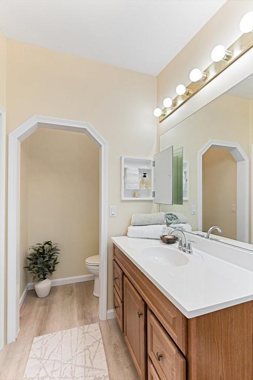 bathroom featuring vanity, hardwood / wood-style flooring, and toilet