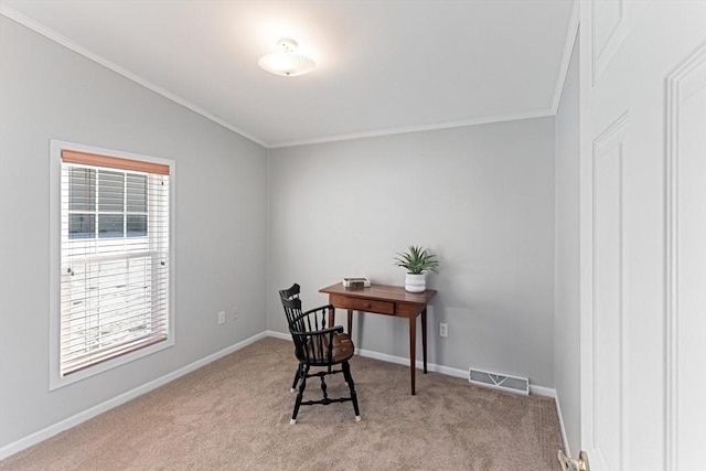 carpeted office space featuring lofted ceiling and ornamental molding