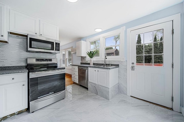 38 Main St, Acton, MA 01720 - kitchen featuring stainless steel appliances, a sink, healthy amount of natural light, and dark countertops