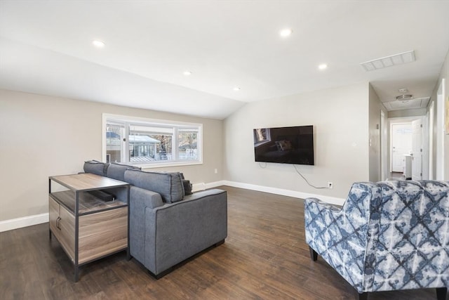 living room featuring baseboards, visible vents, lofted ceiling, recessed lighting, and dark wood-type flooring