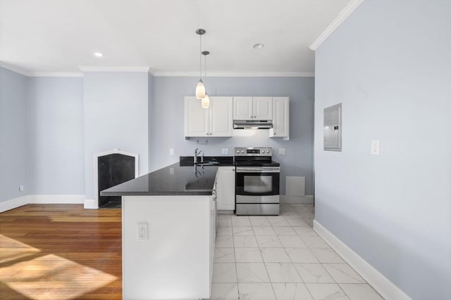 kitchen with hanging light fixtures, crown molding, electric panel, white cabinets, and stainless steel range with electric cooktop