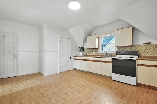619 Crescent St, Brockton, MA 02302 - kitchen with white appliances, decorative backsplash, and lofted ceiling