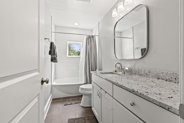 full bath with vanity, tile patterned flooring, visible vents, toilet, and shower / tub combo