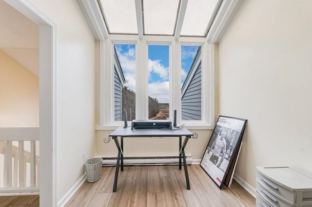 office area featuring a baseboard radiator, wood finished floors, and baseboards
