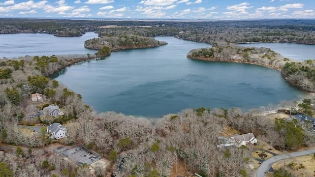 aerial view with a water view and a wooded view