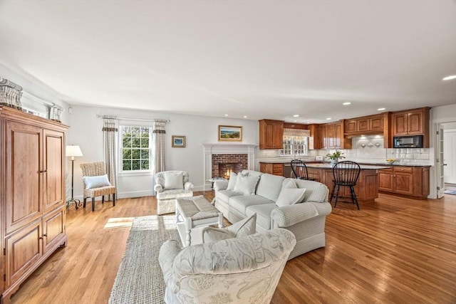 living room featuring a fireplace and light hardwood / wood-style flooring