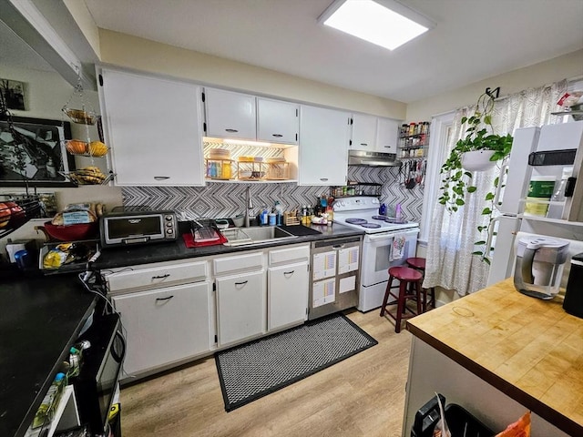 12 Sutton Ct Unit 12, Amherst, MA 01002 - kitchen with white range with electric cooktop, under cabinet range hood, white cabinets, light wood-style floors, and dark countertops