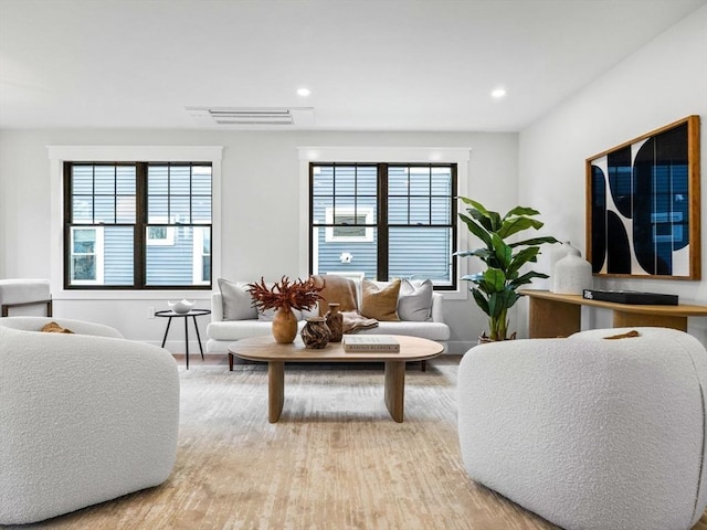 living room featuring light hardwood / wood-style floors and a wealth of natural light