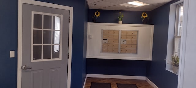 entryway with a paneled ceiling, hardwood / wood-style flooring, mail boxes, and a healthy amount of sunlight