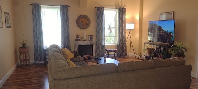 living room with a fireplace, dark wood-type flooring, and a wealth of natural light