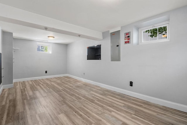 15 Janet Rd, Arlington, MA 02474 - below grade area with baseboards, light wood-style flooring, and electric panel