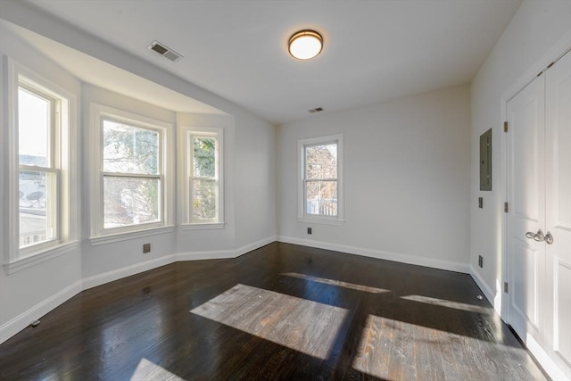 unfurnished room with electric panel, dark hardwood / wood-style flooring, and a healthy amount of sunlight