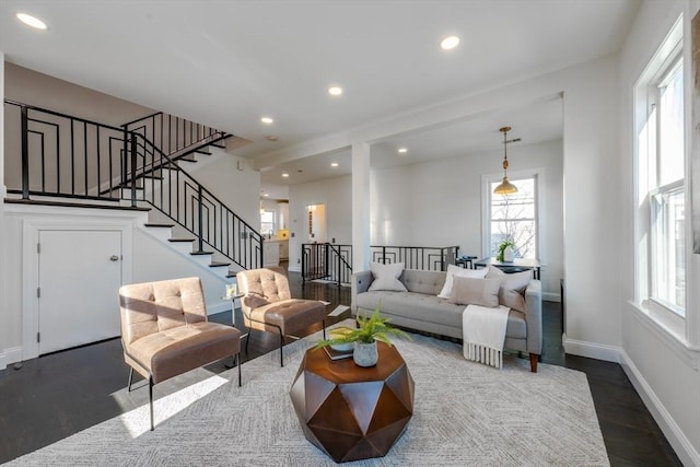 living room with dark wood-type flooring