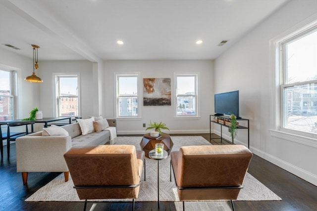 living room with dark wood-type flooring