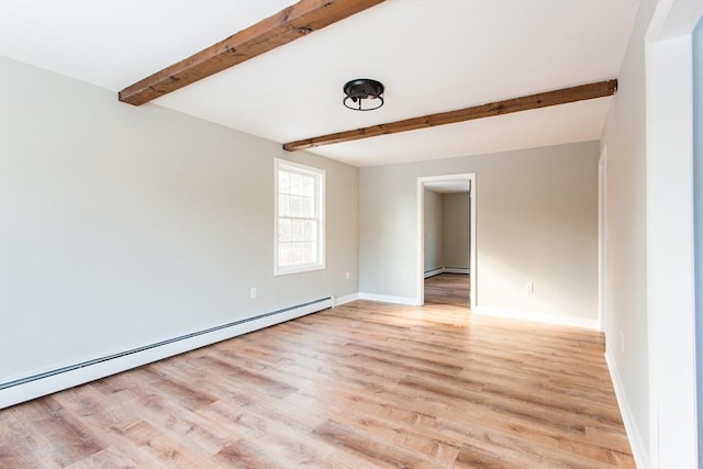 unfurnished room with light wood-type flooring, beamed ceiling, and a baseboard heating unit