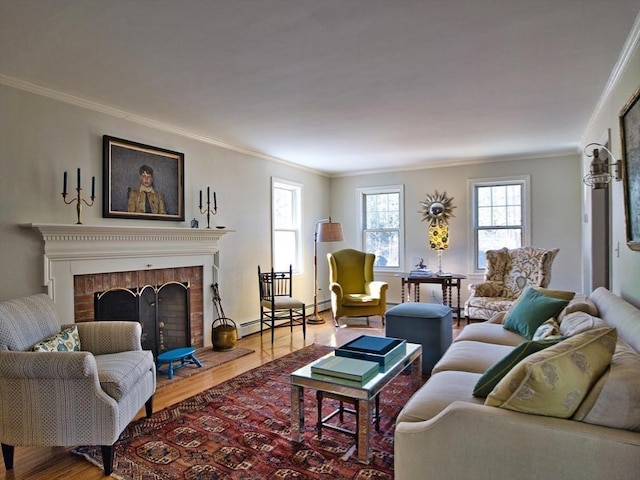 living area featuring wood finished floors, a baseboard radiator, a fireplace, and crown molding