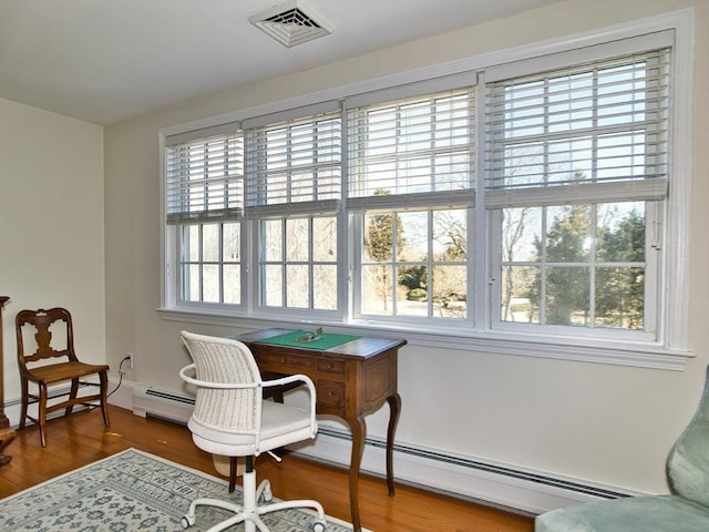 office area featuring visible vents, plenty of natural light, and wood finished floors