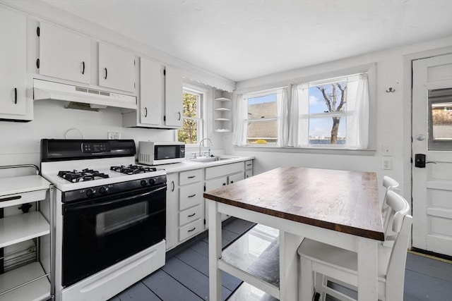9 Nonantum Rd, Marblehead, MA 01945 - kitchen featuring range with gas stovetop, under cabinet range hood, a sink, white cabinetry, and light countertops