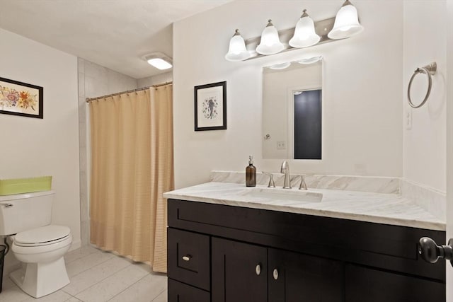 full bathroom with vanity, tile patterned flooring, toilet, and a shower with shower curtain