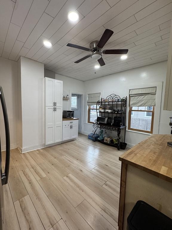 interior space featuring light hardwood / wood-style floors, ceiling fan, and a wealth of natural light