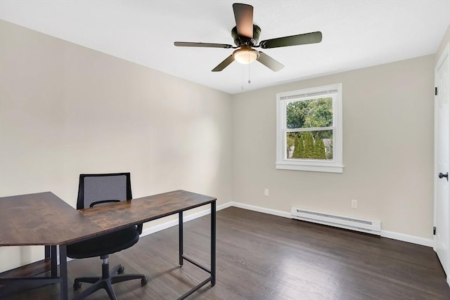 216 Pineview Cir, Agawam, MA 01001 - office with baseboard heating, wood finished floors, a ceiling fan, and baseboards