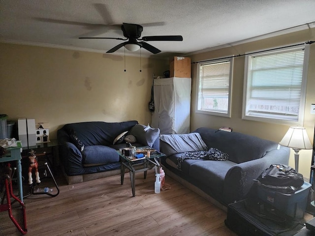 living room with crown molding, a textured ceiling, ceiling fan, and wood finished floors