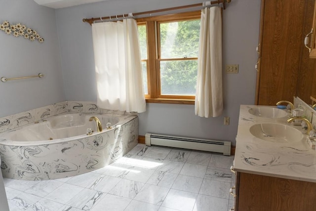 118 Dudley Ln, Milton, MA 02186 - full bathroom with a baseboard heating unit, double vanity, a jetted tub, and marble look tiles