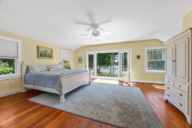 25 Richard Ln, Eastham, MA 02642 - bedroom with access to outside, lofted ceiling, wood-type flooring, and ceiling fan