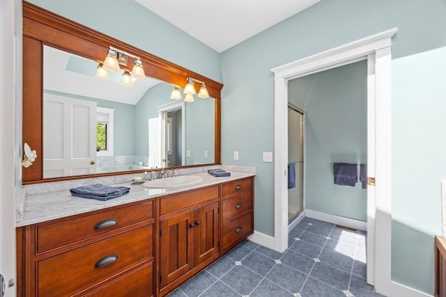 25 Richard Ln, Eastham, MA 02642 - bathroom with vanity, a stall shower, and tile patterned flooring