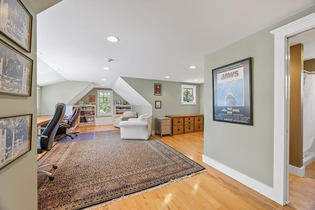 25 Richard Ln, Eastham, MA 02642 - home office featuring wood finished floors, lofted ceiling, and recessed lighting