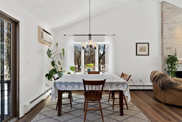 dining space featuring lofted ceiling, dark wood-type flooring, a wall mounted AC, and a baseboard radiator