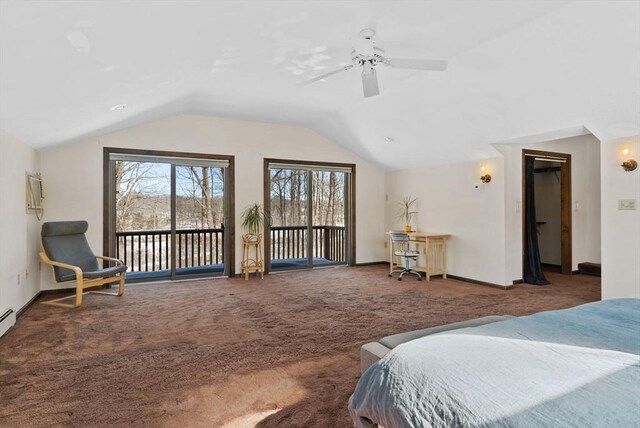 bedroom with dark carpet, vaulted ceiling, ceiling fan, access to outside, and baseboards